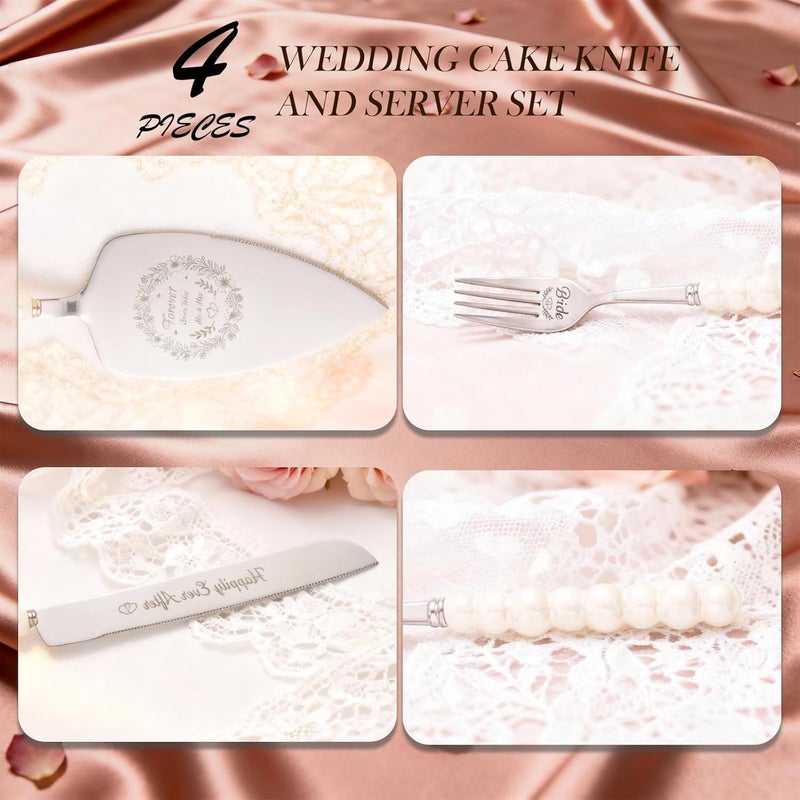 kingump 4 Piece Wedding Cake Cutting Set, Knife and Server with Forks, Elegant Wedding Cake Knife and Server Set for Bride and Groom(Pearl Handle Silver) - Image 4